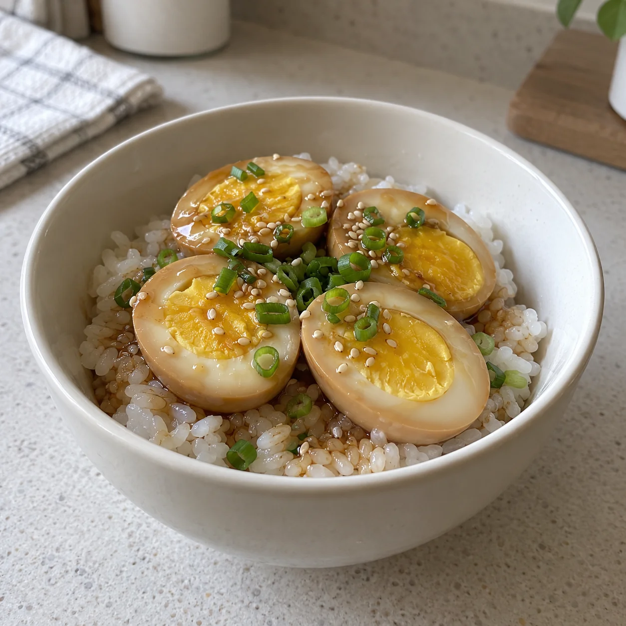 Step 6: Place 4 egg halves on each rice bowl. Spoon a little glaze over the eggs and rice, adding more only after tasting. Finish with spring onion and sesame seeds, if using, and serve hot. Discard unused serving sauce rather than repeatedly reheating it.