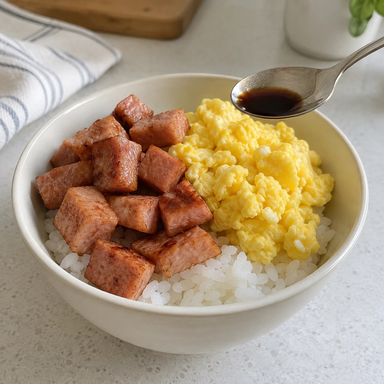 Paso 5: Divida los huevos cocidos y los cubos de carne sobre el arroz caliente. Prueba un poco de la carne y el arroz juntos. Si es necesario, divida hasta 1 una cucharadita rasa de salsa de soya entre ambos tazones; no lo agregue automáticamente.