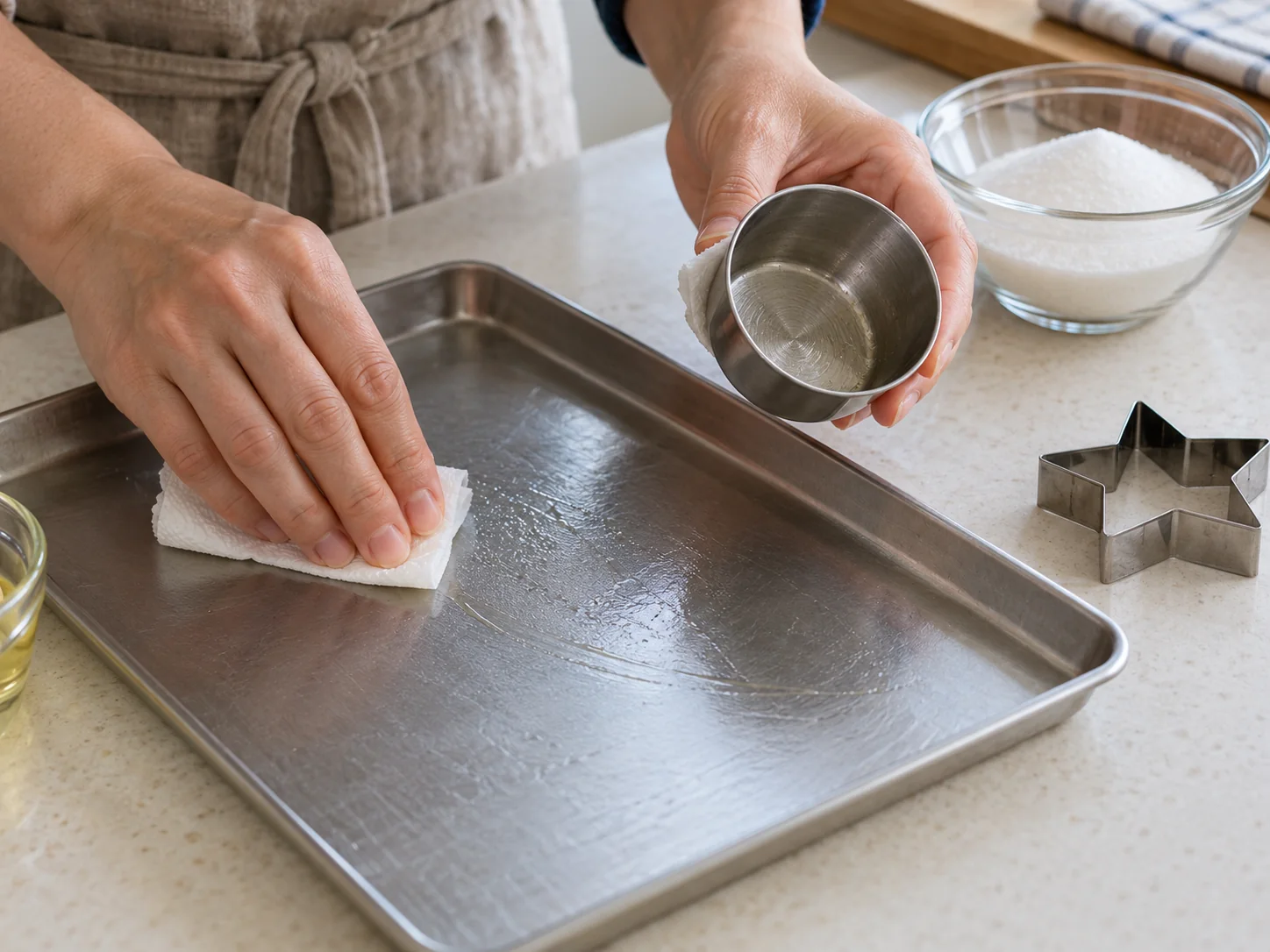 Step 1: Set a heatproof tray or silicone mat on a stable counter. Very lightly grease the tray and the flat base of a metal measuring cup, or use a nonstick mat. Put a small star or circle cookie cutter nearby; do not touch melted sugar with your fingers.