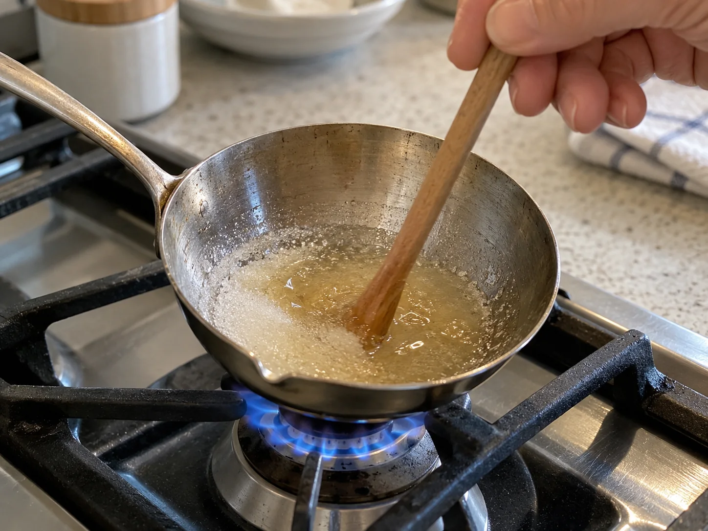 Step 2: Put 2 level tablespoons white sugar in a small metal ladle or heavy little pan. Hold it over low heat and stir continuously with a wooden chopstick or spoon until all the grains melt to a clear light amber liquid; take it off the heat before it turns dark brown.