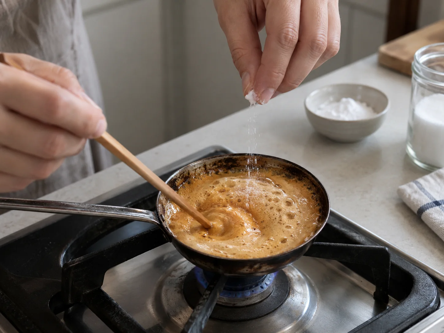 Step 3: Immediately stir in one tiny pinch of baking soda for 3 to 5 seconds. The sugar will foam and turn pale caramel. Do not add more soda or wait: the mixture sets quickly.