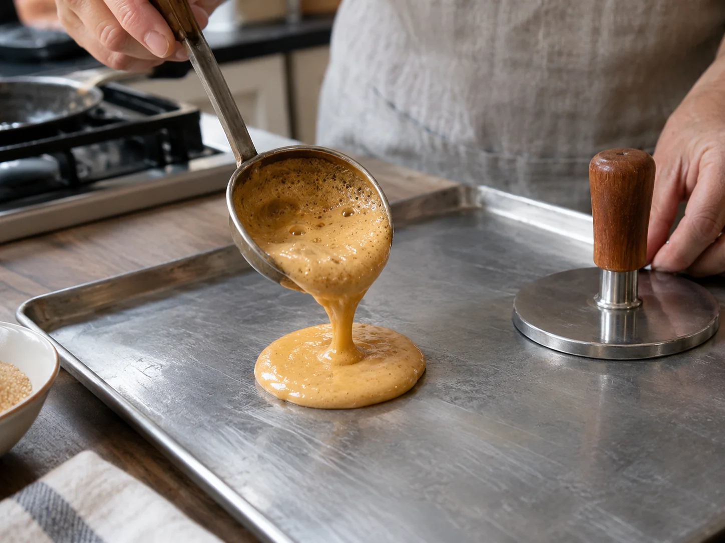 Step 4: Pour the foamy sugar onto the prepared tray in one small round puddle. Wait about 5 to 10 seconds until it stops spreading, then gently press it flat with the greased cup base for just a second. Lift the press straight up.