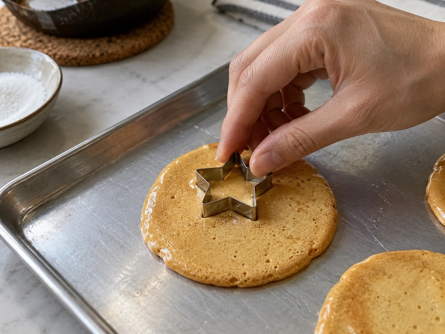Step 5: While the candy is still warm but no longer runny, press the star or circle cutter lightly into its center without cutting all the way through. Lift the cutter straight up and let the candy cool completely for about 5 minutes.