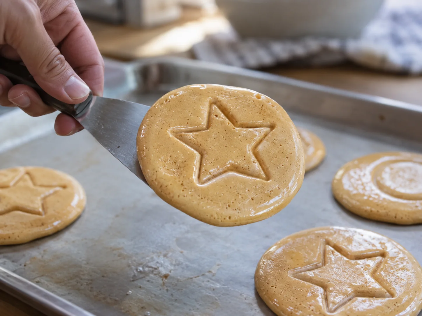 Step 6: Lift the cool candy from the tray and repeat steps 2 to 5 twice more with the remaining sugar and soda. Serve as crisp sweets or try to break out the stamped shapes. Let children handle only fully cooled candy; molten sugar can cause serious burns.