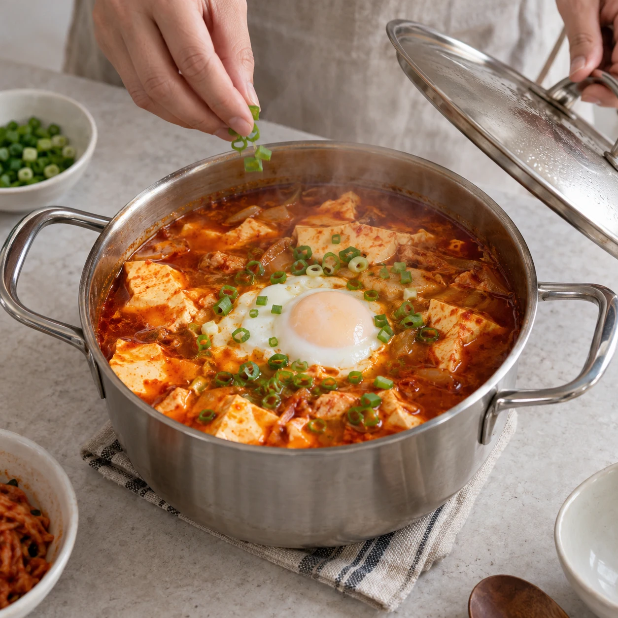 ขั้นตอน 5: ถ้าใส่ไข่ ตอกตรงกลาง ปิดฝาต้ม 4–5 นาทีให้ไข่ขาวและแดงสุก ใส่ต้นหอม ชิมน้ำซุปที่พักเย็นก่อนเพิ่มเครื่องปรุง