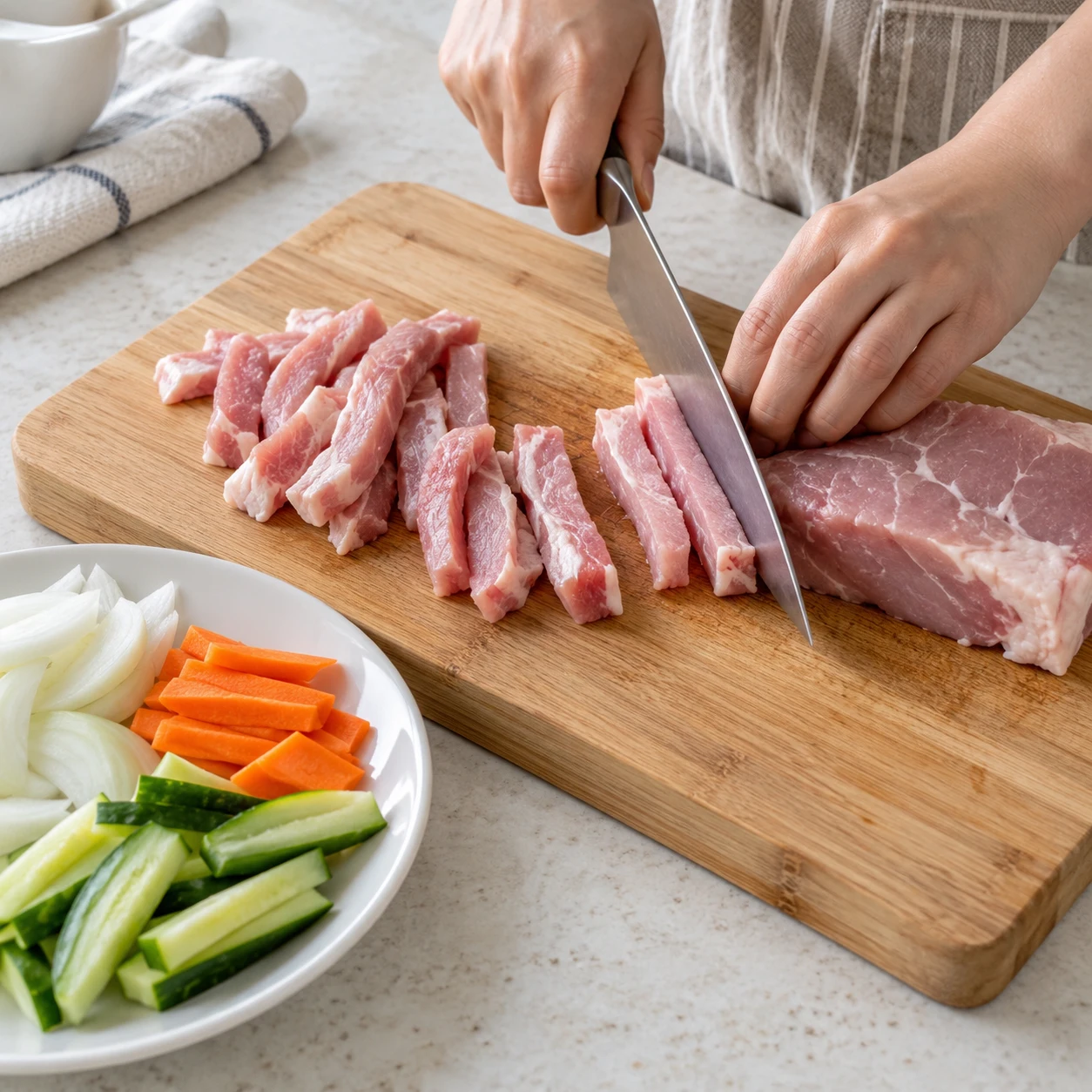 ขั้นตอน 1: เตรียมเนื้อสัตว์และผัก ซับเนื้อซี่โครงหมู 300 กรัมหนึ่งห่อให้แห้งโดยไม่ต้องล้างเนื้อดิบ ตัดเป็นเส้นหนาประมาณ 1 ซม. และยาว 5 ซม. โยนเกลือช้อนชาขนาดเล็ก ¼ และพริกไทยเสริม ทิ้งในตู้เย็นเป็นเวลา 10 นาที หั่นหัวหอม ½, แครอท ¼ และแตงกวา ¼ เก็บอุปกรณ์สำหรับเนื้อดิบแยกจากผักและล้างมือให้สะอาด