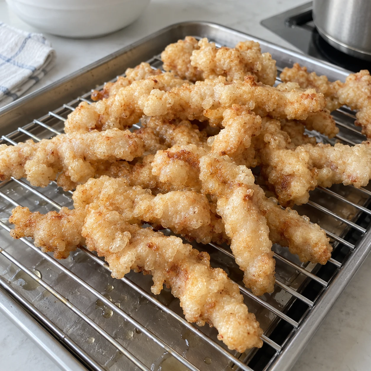 ขั้นตอน 5: ทอดครั้งที่สองเพื่อความกรุบกรอบ นำน้ำมันไปประมาณ 180°C ทอดหมูเป็นชุดเล็กๆ เป็นเวลา 1–2 นาทีจนกรอบและมีสีทองอ่อน ตรวจสอบว่าแถบหมูที่หนาที่สุดมีอุณหภูมิอย่างน้อย 63°C จากนั้นพักไว้เป็นเวลา 3 นาที ขยายเวลาทำอาหารหากจำเป็น หากใช้ไก่จะต้องถึง 74°C ระบายบนชั้นวางแทนที่จะกองไว้ในชามลึก