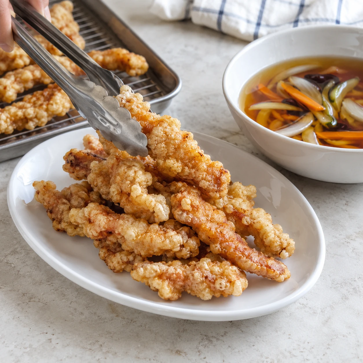 ขั้นตอน 6: เสิร์ฟซอสแยกกัน จัดเรียงหมูกรอบลงในจานที่สะอาด และใส่ซอสผักอุ่นๆ ลงในชามข้างๆ จุ่มแต่ละแถบก่อนรับประทานอาหาร หรือเทลงบนส่วนที่คุณจะรับประทานทันที ปล่อยให้ซอสเผ็ดและเนื้อเย็นพอก่อนเสิร์ฟให้กับเด็ก ปิดไฟน้ำมันและปล่อยให้หม้อเย็นสนิทก่อนจัดการหรือทิ้งน้ำมัน