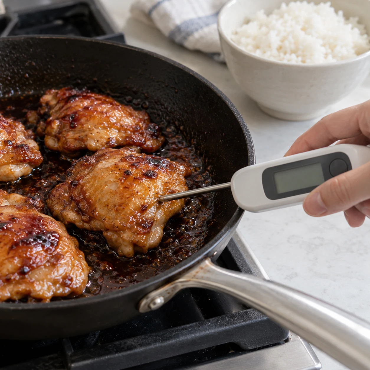 ขั้นตอน 4: ตรวจสอบตรงกลางของชิ้นไก่ที่หนาที่สุดด้วยเทอร์โมมิเตอร์อาหารที่สะอาด โดยจะต้องมีอุณหภูมิถึง 74°C หากเย็นลง ให้ปรุงต่ออีก 2 นาทีแล้วตรวจสอบอีกครั้งก่อนดำเนินการต่อ
