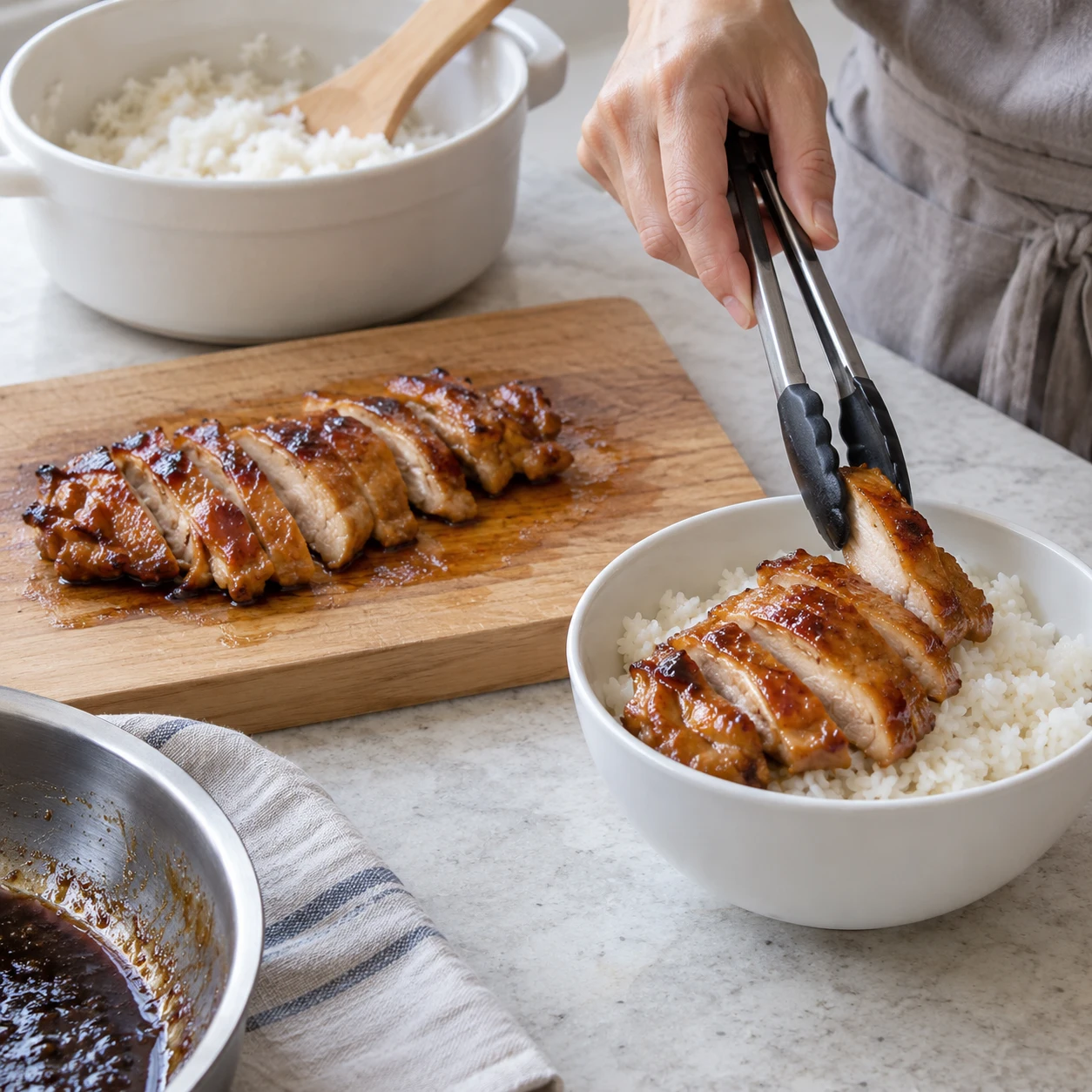 ขั้นตอน 6: ย้ายไปยังกระดานที่สะอาด และหั่นไก่ที่ปรุงสุกแล้ว แบ่งข้าวระหว่างสองชาม ใส่ไก่และกระทะร้อนเล็กน้อย จากนั้นใส่ ต้นหอม และงาหากใช้ เสิร์ฟทันที