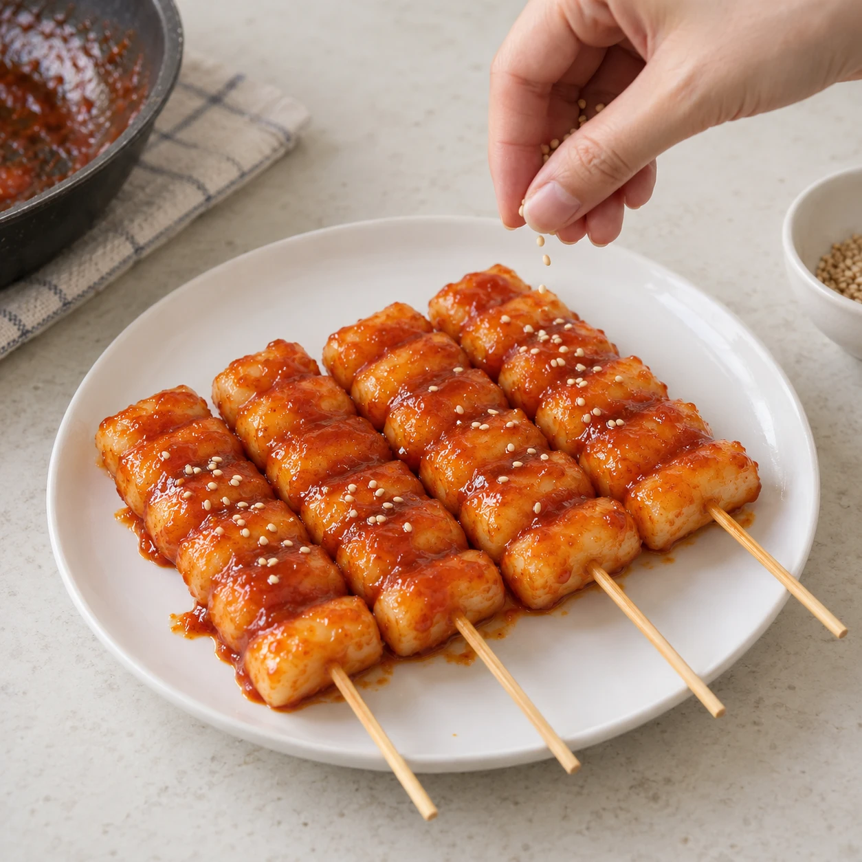 ขั้นตอน 6: เพิ่มเมล็ดงาที่เป็นตัวเลือก และปล่อยให้เสียบไม้เย็นลงชั่วครู่จนรับประทานได้สบาย เสิร์ฟในขณะที่ข้างนอกยังกรอบอยู่และตรงกลางยังนิ่มอยู่ สำหรับผู้ที่เพิ่งเริ่มใช้ต็อก ให้เริ่มด้วยคำเล็กๆ น้อยๆ และอธิบายว่าเนื้อสัมผัสที่เคี้ยวมากกว่าเหมือนขนมปัง