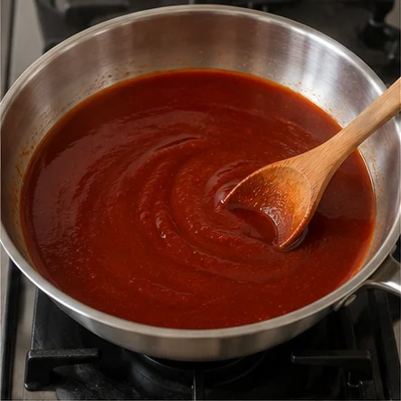 Paso 2: Mezcla en una sartén amplia 450 ml de agua, 2 cucharadas de gochujang, 1 de azúcar y 1 de soja. Remueve hasta eliminar los grumos grandes.