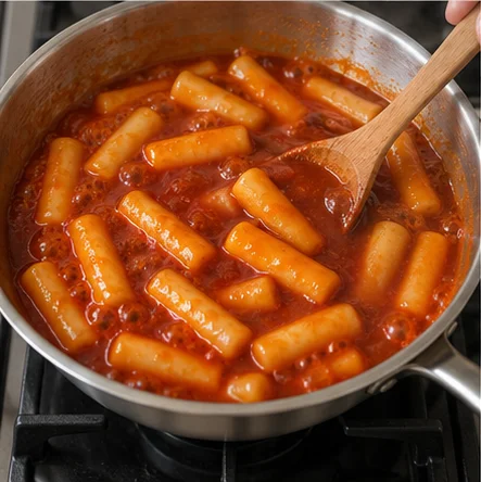 Paso 4: Añade los 300 g de pasteles y cocina 10–12 minutos. Remueve a menudo por el fondo para evitar que se peguen. Deben ablandarse mientras la salsa espesa.
