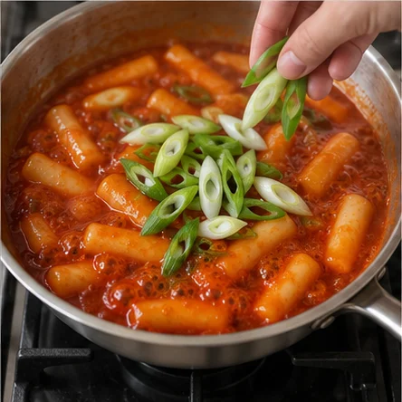Paso 5: Añade cebolleta y cocina 2 minutos más, removiendo suavemente. La salsa debe cubrir los pasteles sin secarse ni pegarse a la sartén.