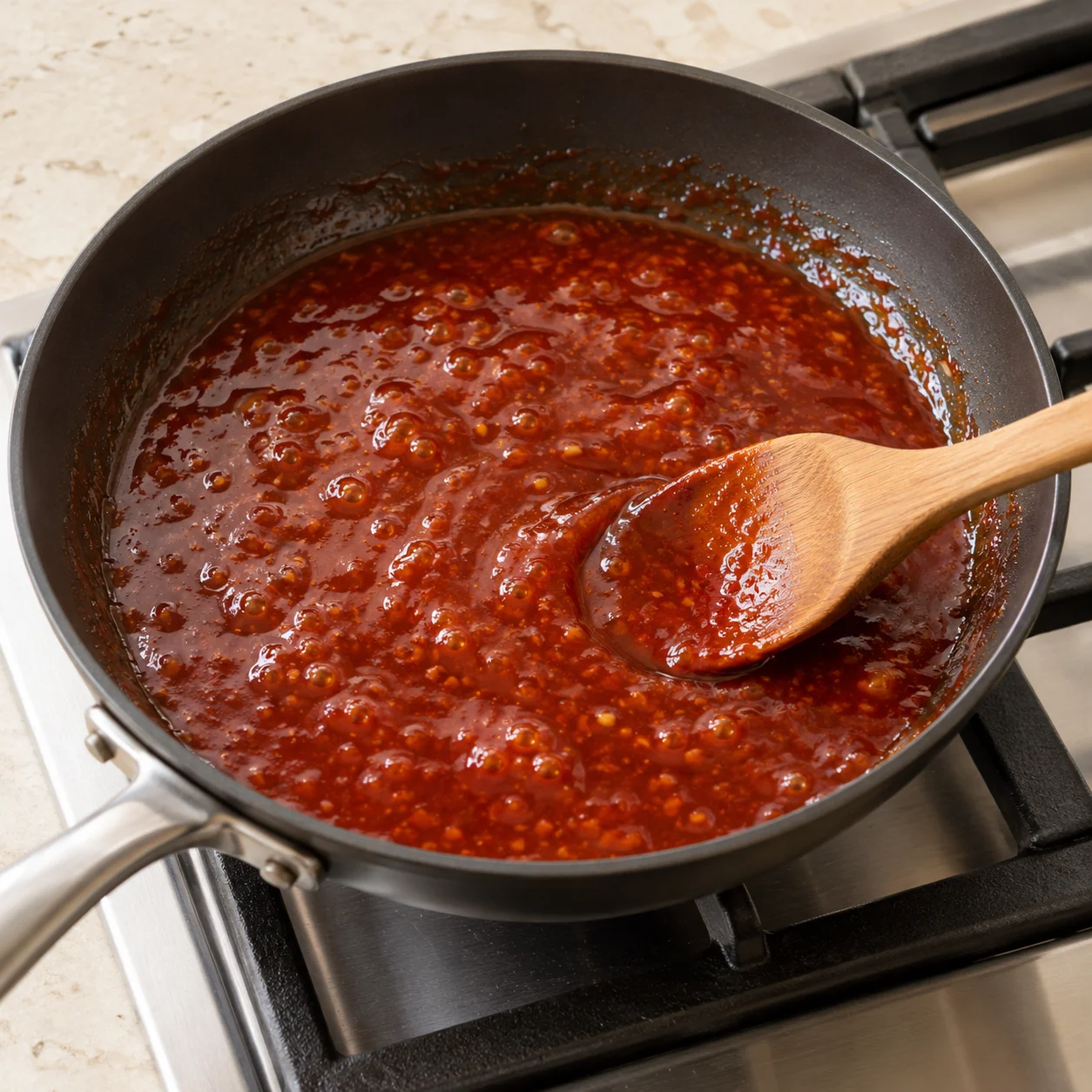 Paso 5: En una sartén limpia, mezcla gochujang, kétchup, miel, soja, vinagre, resto del ajo y 30 ml de agua. Cocina a hervor suave 2 minutos removiendo hasta que brille. Apaga antes de añadir el pollo.